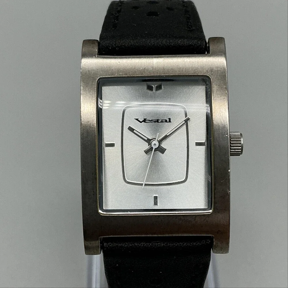 Vestal Electra Womens Watch 23mm Silver Tone Black Leather New Battery